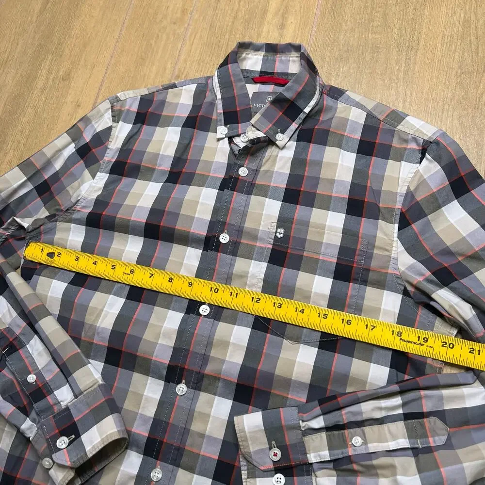 Victorinox Button Down Shirt Men’s Medium Slim Fit Plaid Gray Red Long Sleeve - Picture 5 of 10